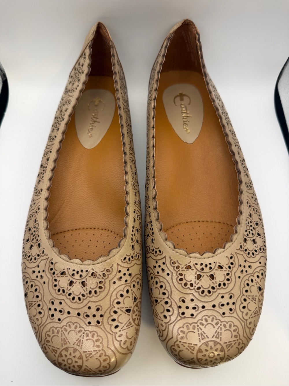 Earthies Beige/Tan Laser-Cut Floral Ballet Flats